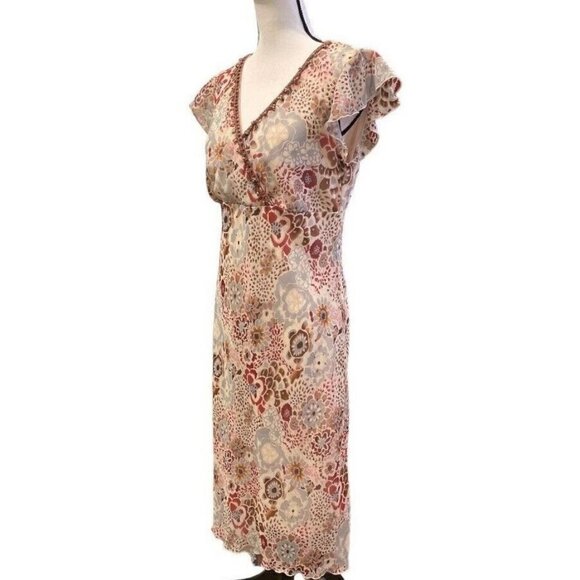 Believe Womens Chiffon Flutter Slip Dress Size 12 Lined Wood Beads Y2k Brown - Picture 3 of 16